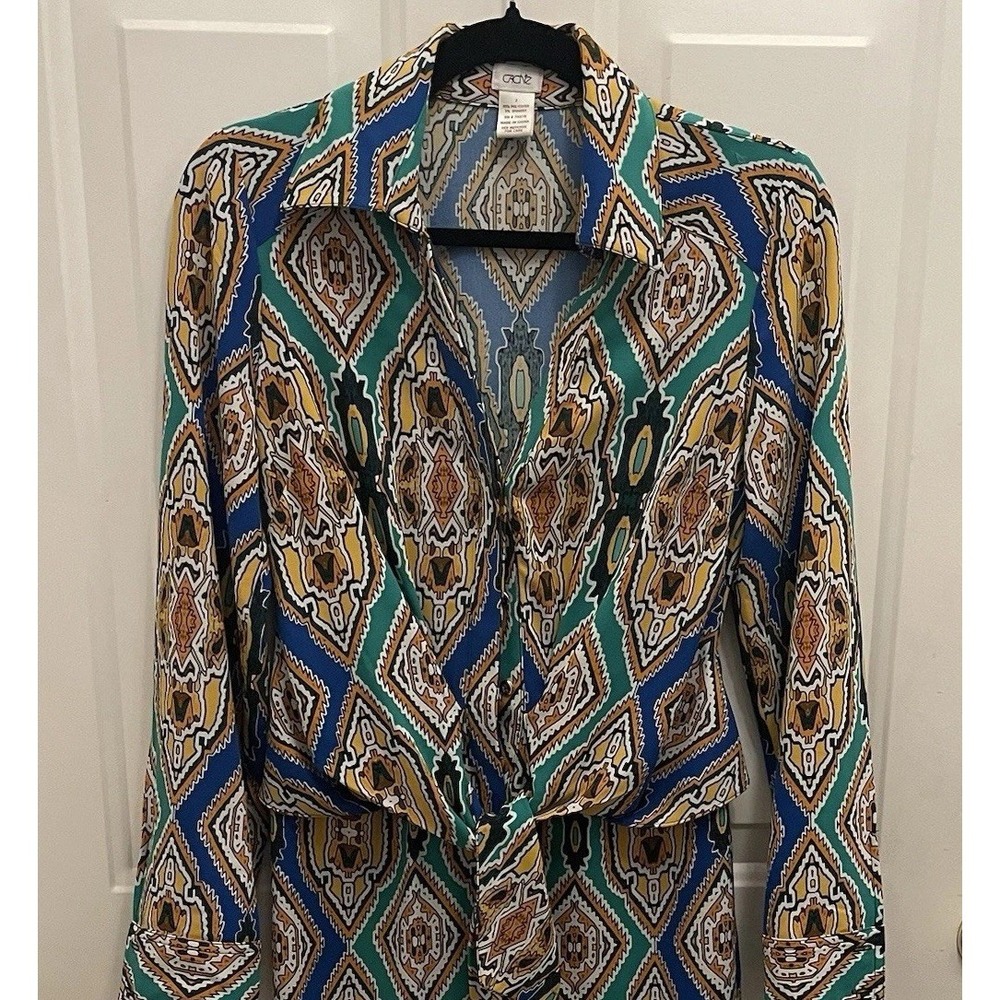 Cache Geometric Print Green Blue Yellow Shirt Dress Tie Front Womens 2 Career‎